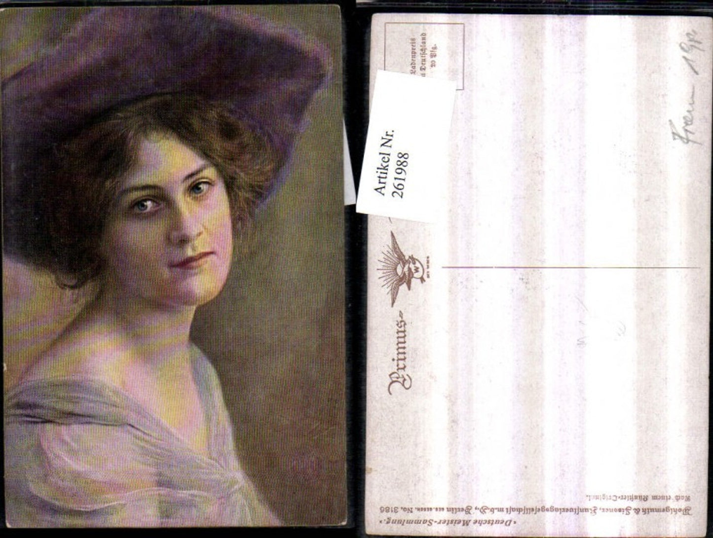 261988,Primus AK 3186 Künstlerkarte Frau m. Hut Hutmode Portrait