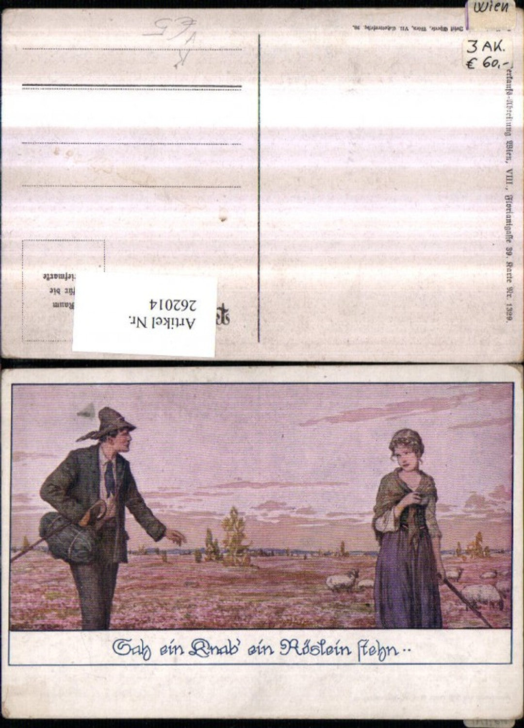262014,Künstler AK Ernst Kutzer Sah ein Knab ein Röslein stehn Mann Hut Stock Frau Tuch pub Deutscher Schulverein 1329