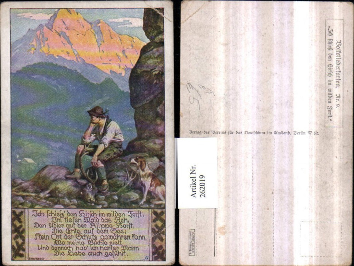 262019,Künstler AK Ernst Kutzer Liedkarte Mann in Tracht Hund toter Hirsch Text