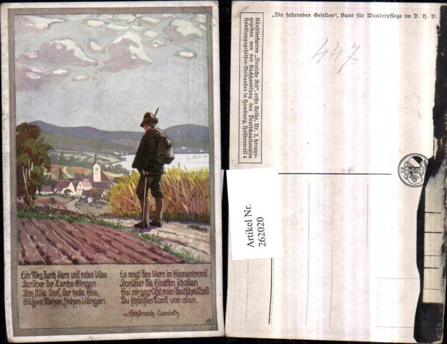 262020,Künstler AK Ernst Kutzer Junge in Tracht Federhut Rucksack Blick auf Dorf Text v. Schönaiach-Carolath