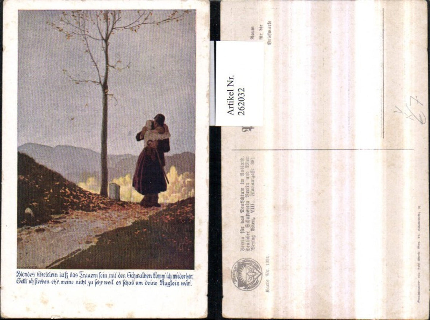 262032,Künstler AK Ernst Kutzer Liebespaar hält sich im Arm Stock Baum Spruch Text pub Deutscher Schulverein 1331