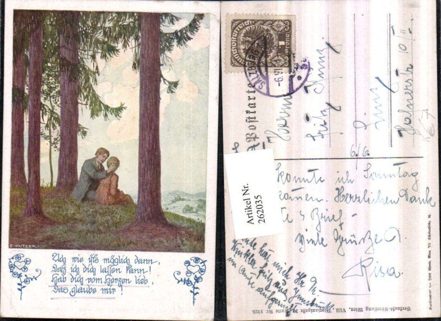 262035,Künstler AK Ernst Kutzer Liebespaar Bäume Spruch Text pub Deutscher Schulverein 1325
