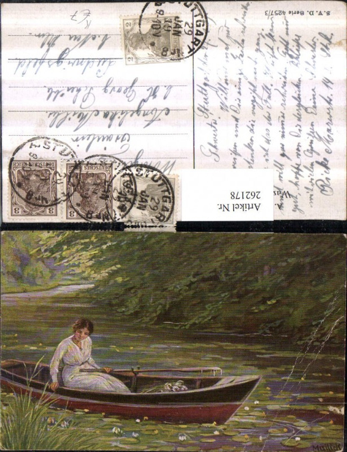 262178,Künstler AK Alfred Mailick Wasserrosen Seerosen Frau m. Kleid Ruderboot