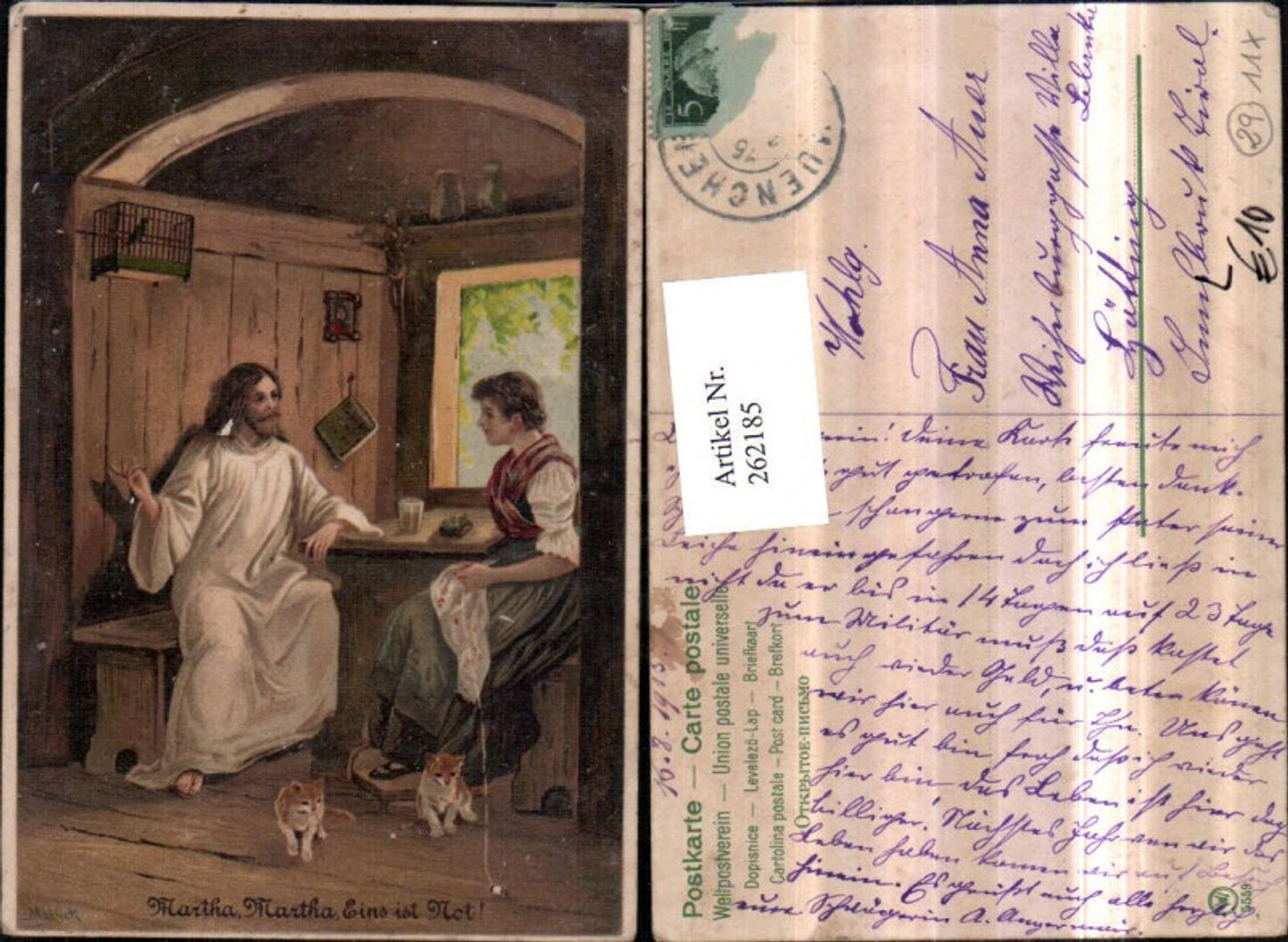 262185,Künstler Litho AK Alfred Mailick Frau b. Sticken Katzen Vogelkäfig Jesus Christus