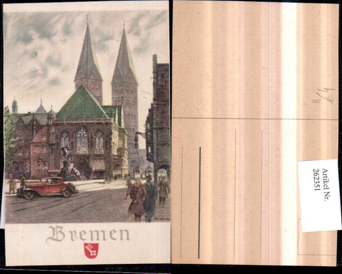 262351,Künstler AK Bremen Straßenansicht Kirche Denkmal Oldtimer