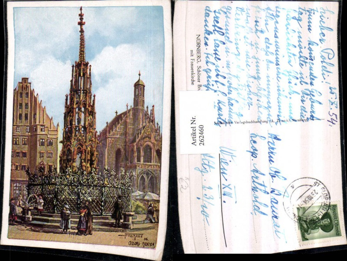 262460,Künstler AK Sollman Nürnberg Schöner Brunnen m. Frauenkirche Kirche