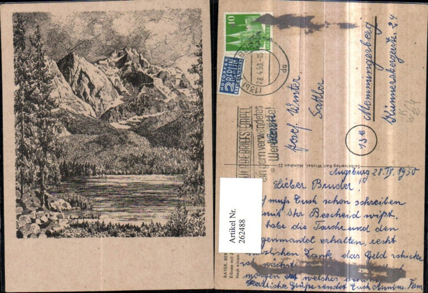 262488,Künstler AK Karl Winkel Zeichnung Eibsee See m. Zugspitze b. Berchtesgaden Bergkulisse