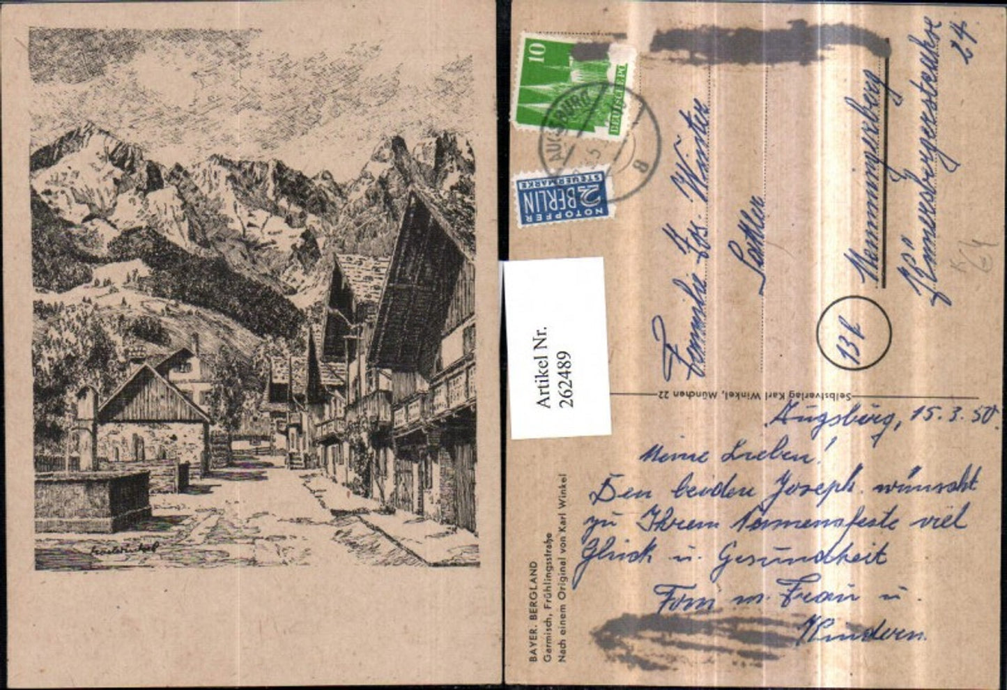 262489,Künstler AK Karl Winkel Zeichnung Garmisch Frühlingsstraße Bergkulisse