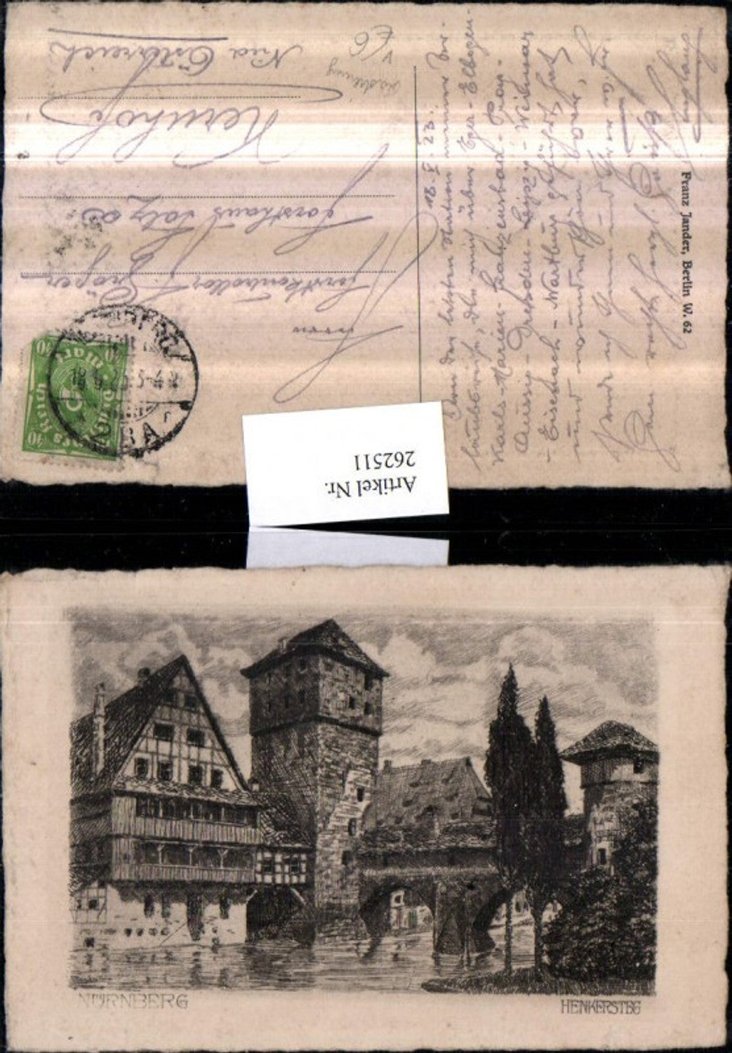 262511,Künstler AK Radierung Nürnberg Henkersteg Turm Brücke pub Franz Jander