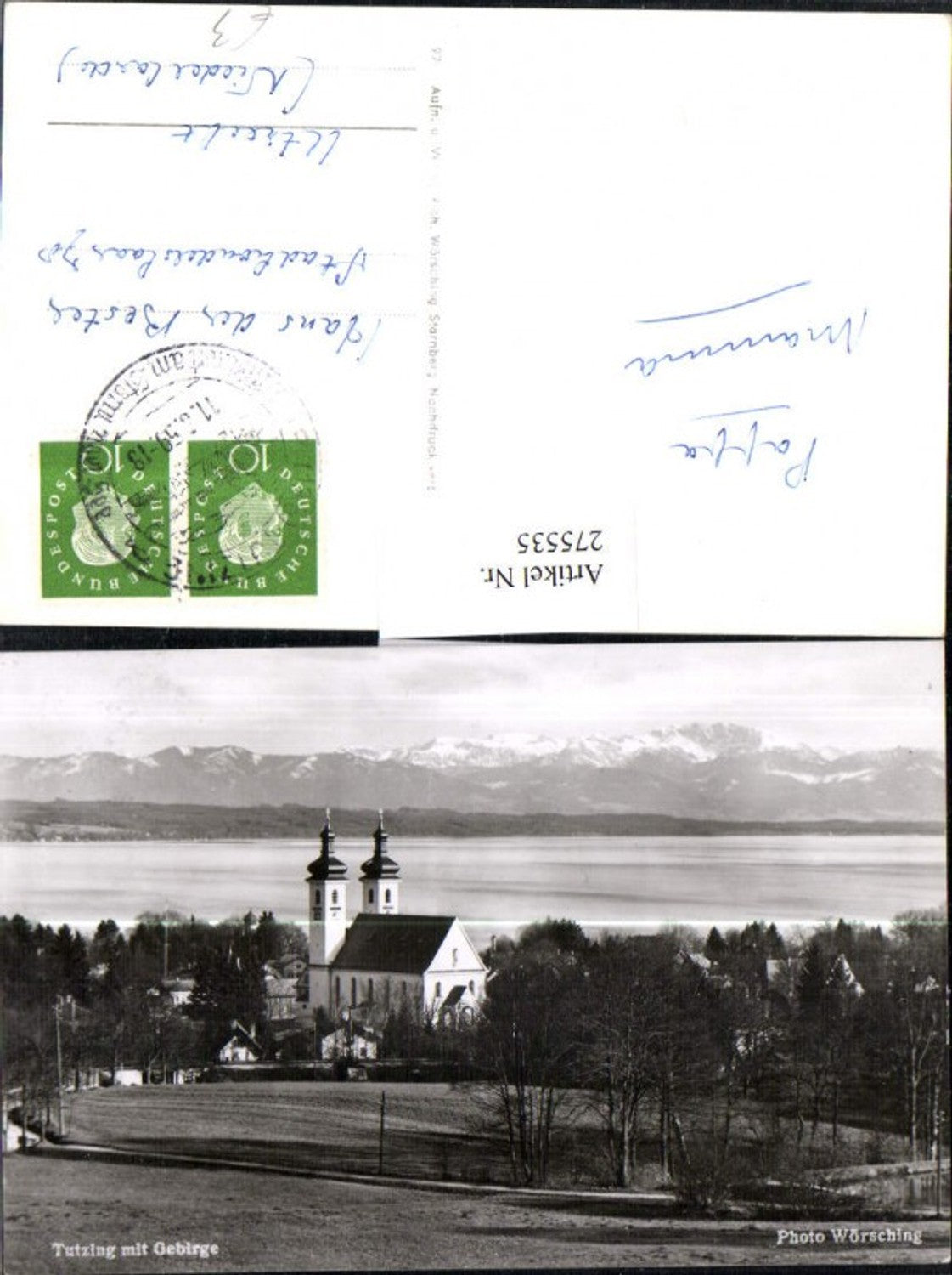 275535,Tutzing Teilansicht Kirche m. Gebirge Bergkulisse