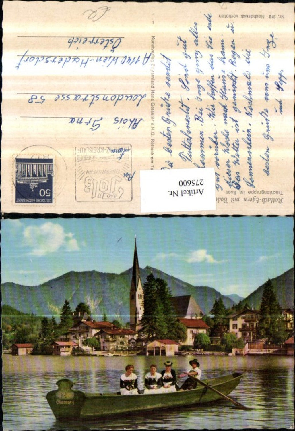 275600,Rottach-Egern m. Bodenschneid Trachtengruppe im Ruderboot Tracht Kirche