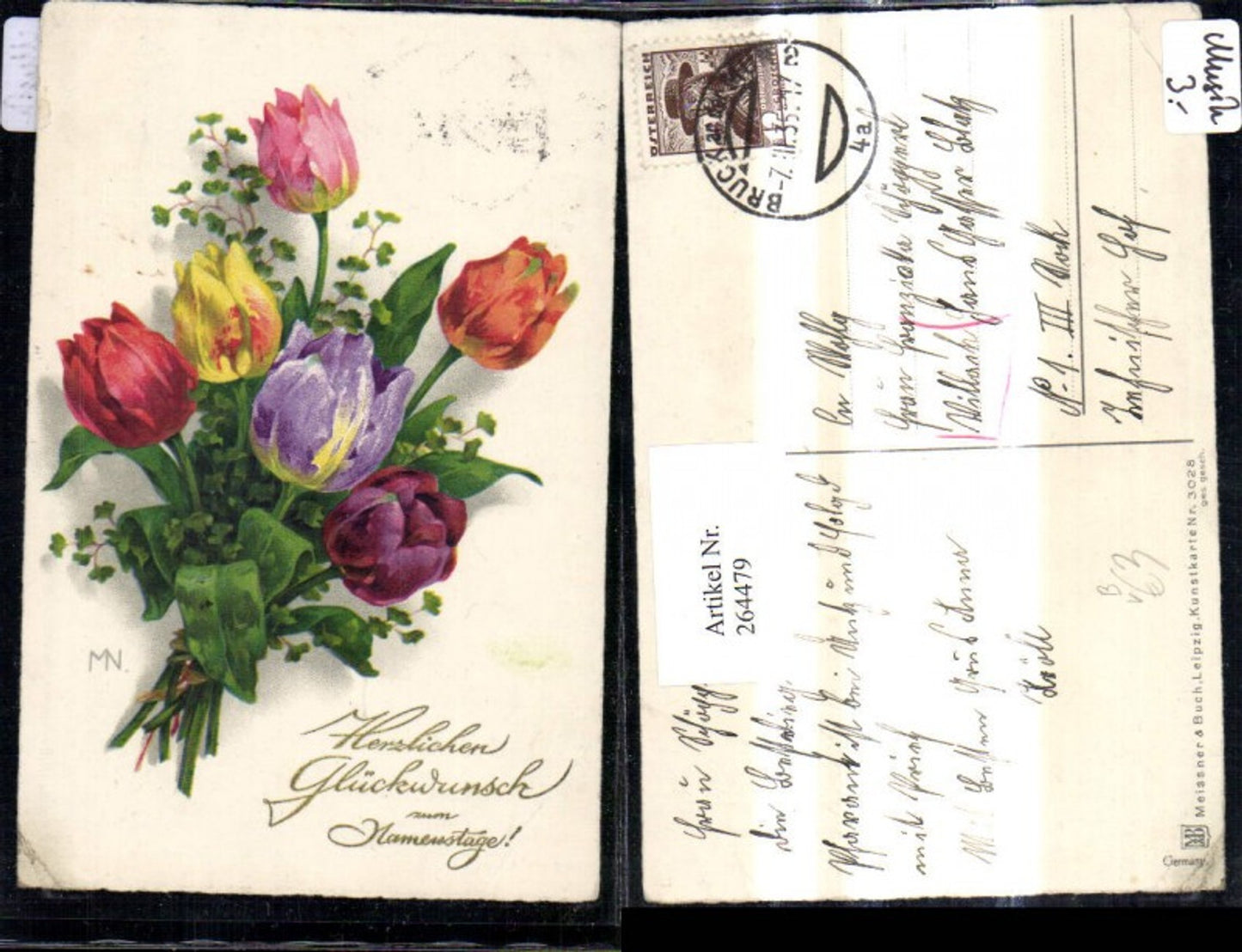 264479,Künstler Ak Meissner & Buch 3028 Blumenstrauß Tulpen Blumen Namenstag