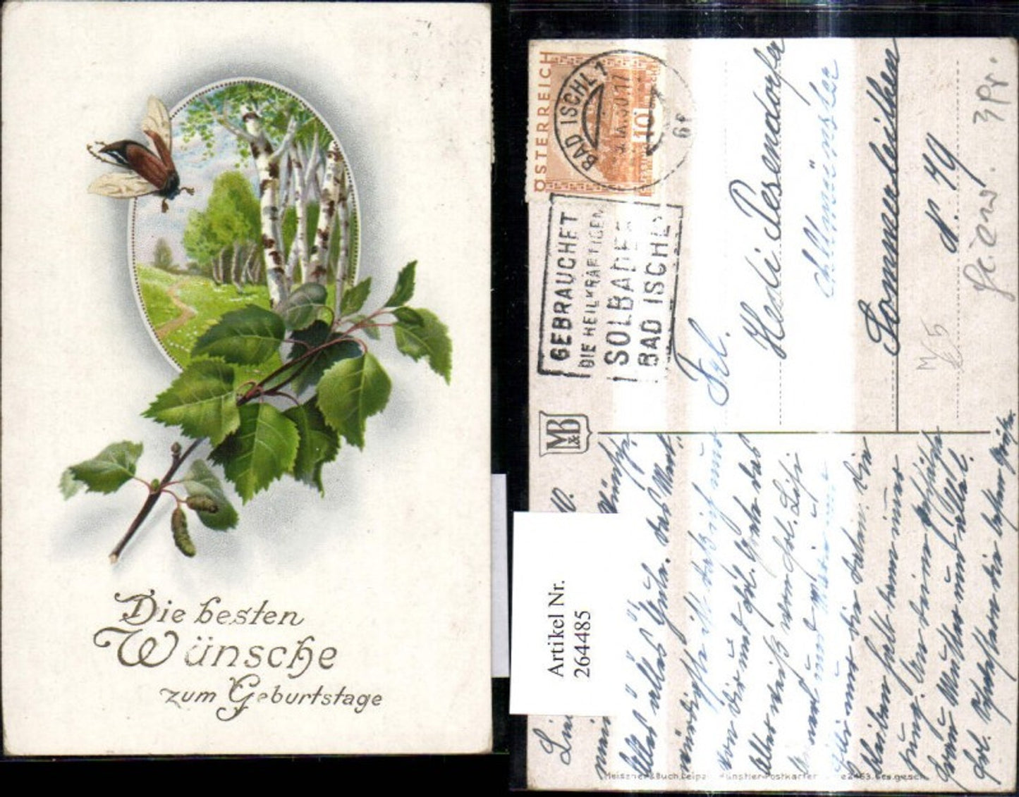 264485,Künstler Ak Meissner & Buch 2463 Birken Landschaft Blätterzweig Junikäfer Maikäfer Geburtstag
