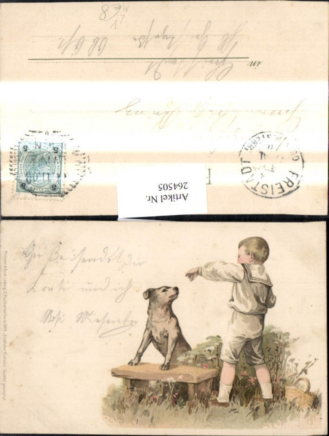 264505,Künstler Litho Meissner & Buch 1048 Kindlicher Frohsinn Bub Junge Matrosenanzug Hund