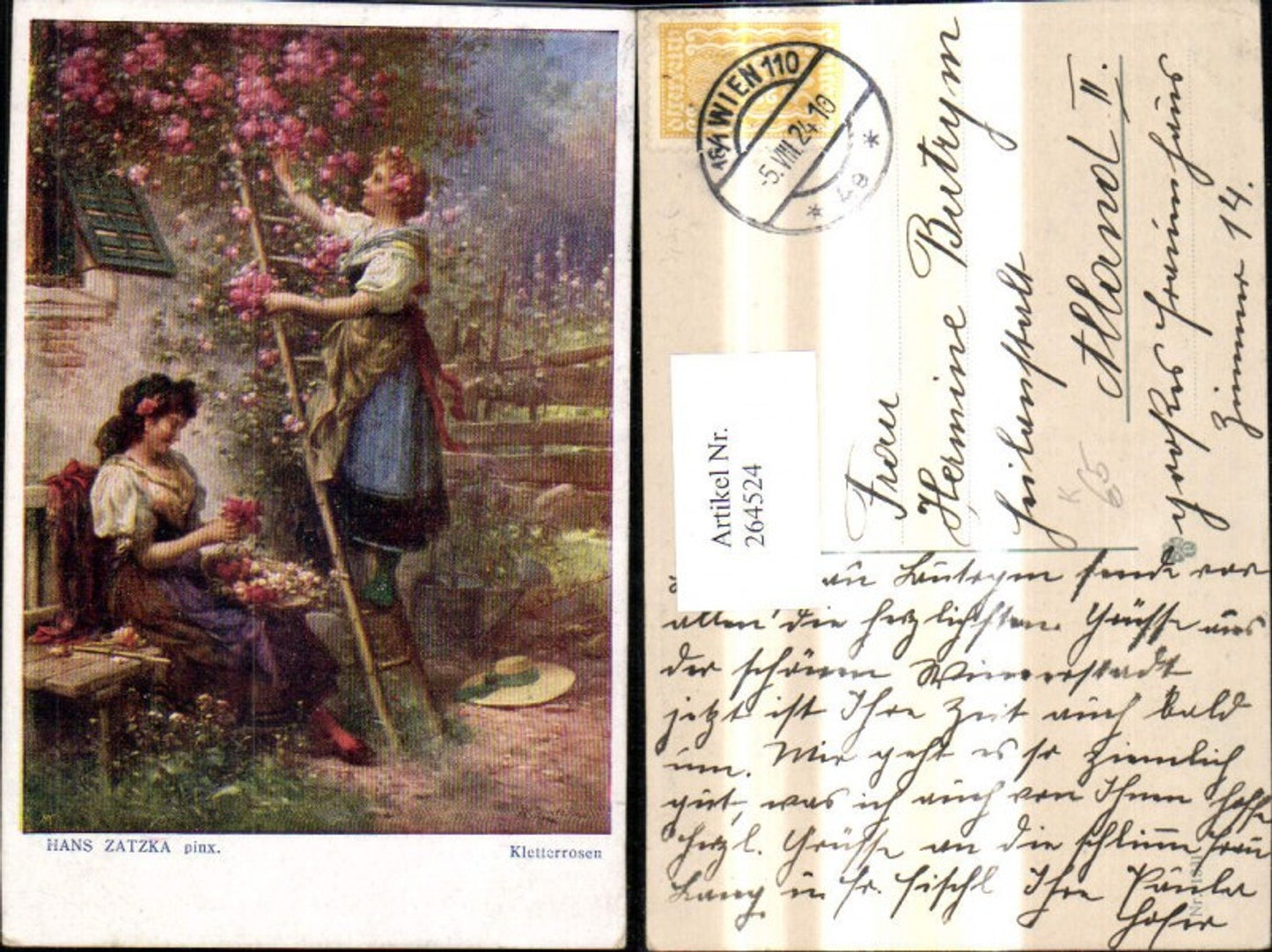 264524,Künstler Ak Hans Zatzka Kletterrosen Frau a. Leiter Rosen Frau b. Blumenbinden v. Haus