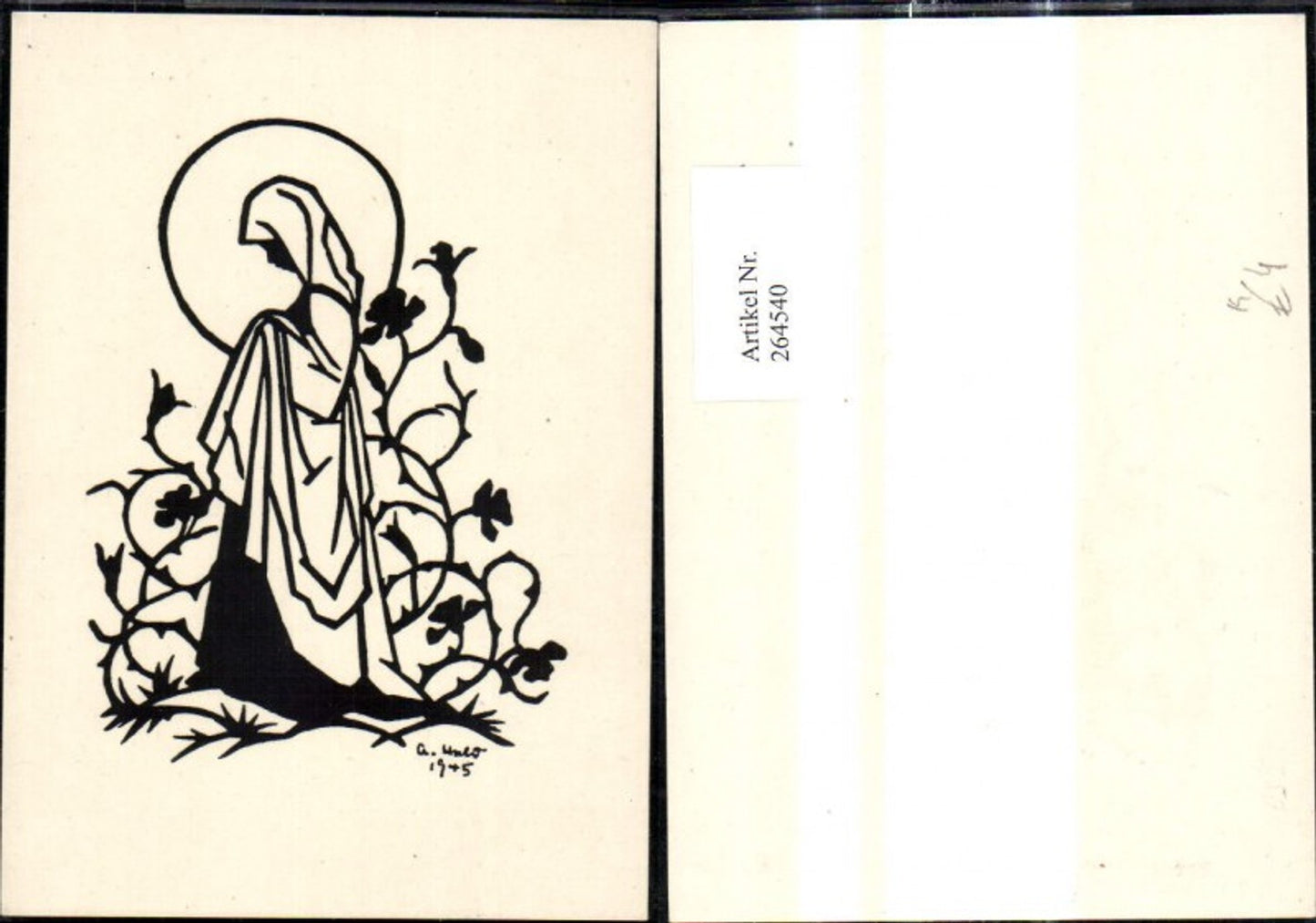 264540,Künstler Ak Scherenschnitt Silhouette Nonne Frau Heiligenschein Blumenranke