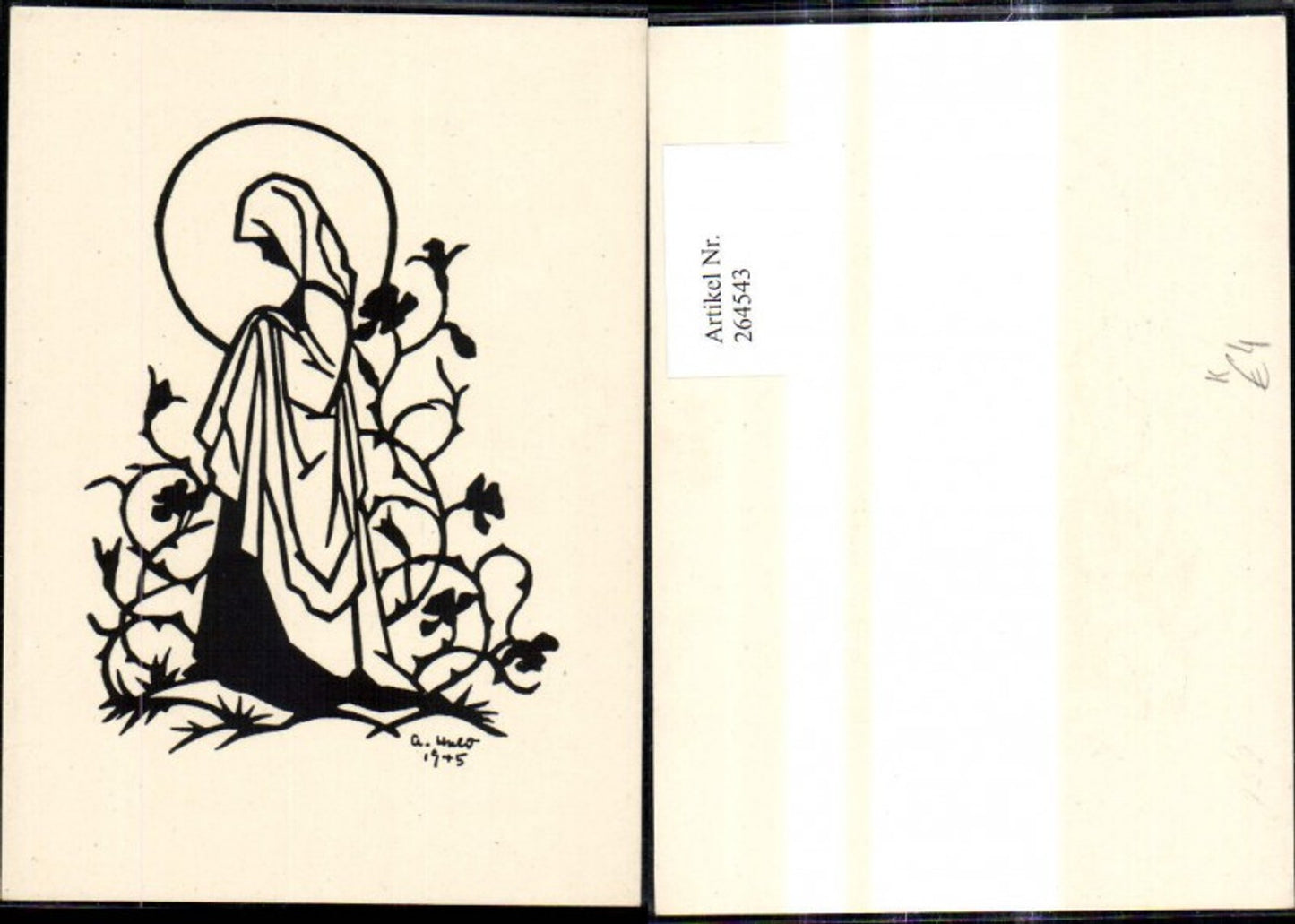 264543,Künstler Ak Scherenschnitt Silhouette Nonne Frau Heiligenschein Blumenranke