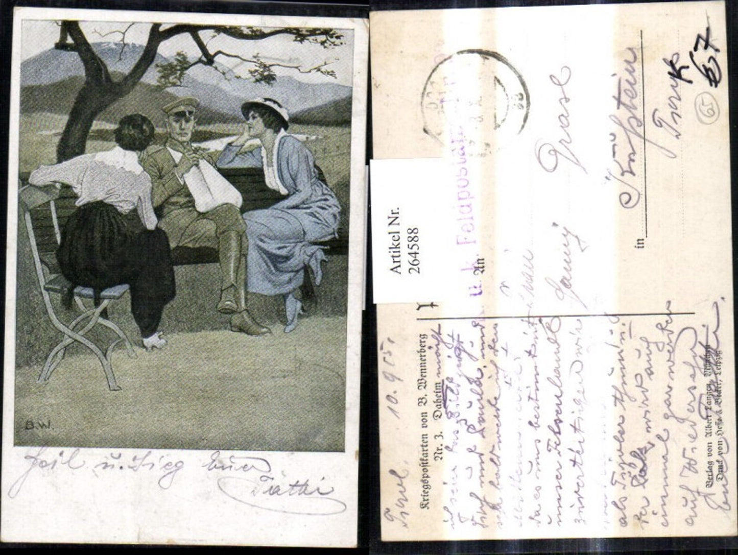 264588,Künstler Ak Brynolf Wennerberg 3 Daheim Verletzter Soldat m. Frauen a. Bank Kriegspost