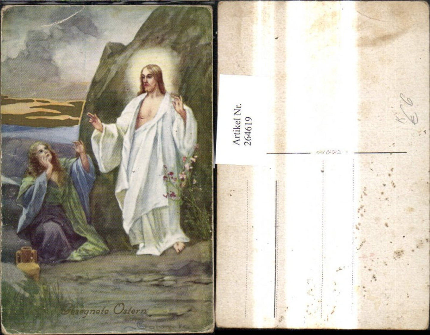 264619, Artist Ak E. Colombo Woman with Jesus Christ Halo Jug Rock Easter
