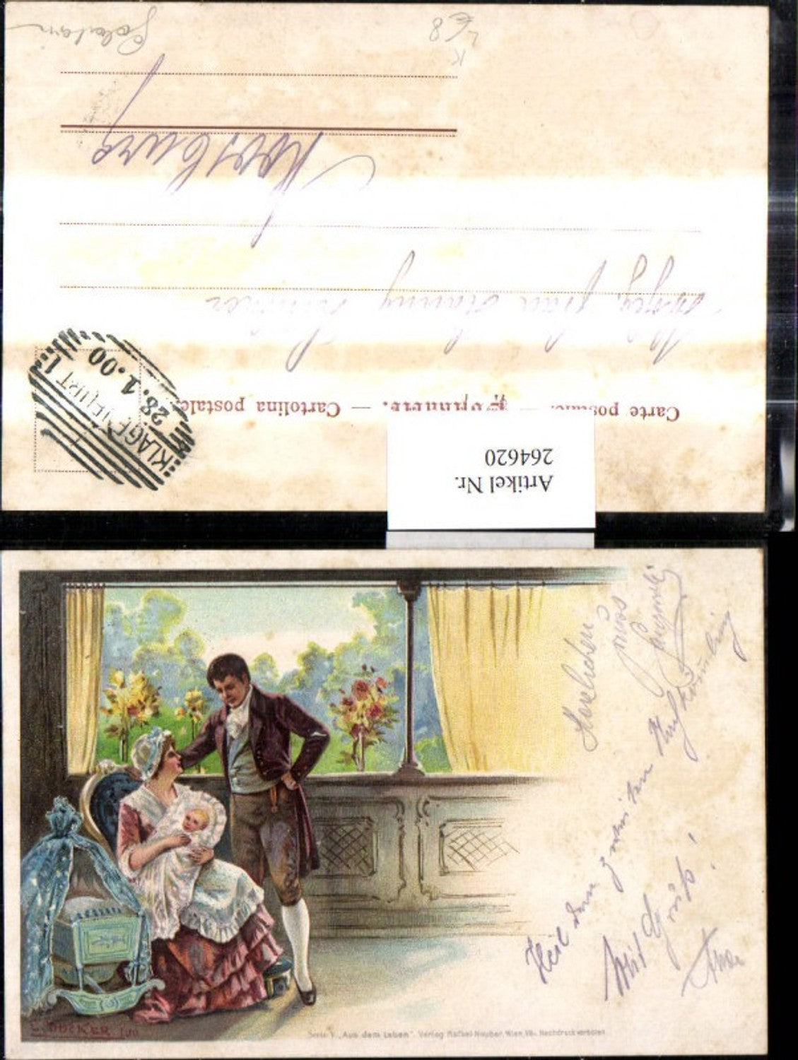 264620,Künstler Litho E. Döcker jun. Aus dem Leben Familie Mutter m. Kind Wiege Vater