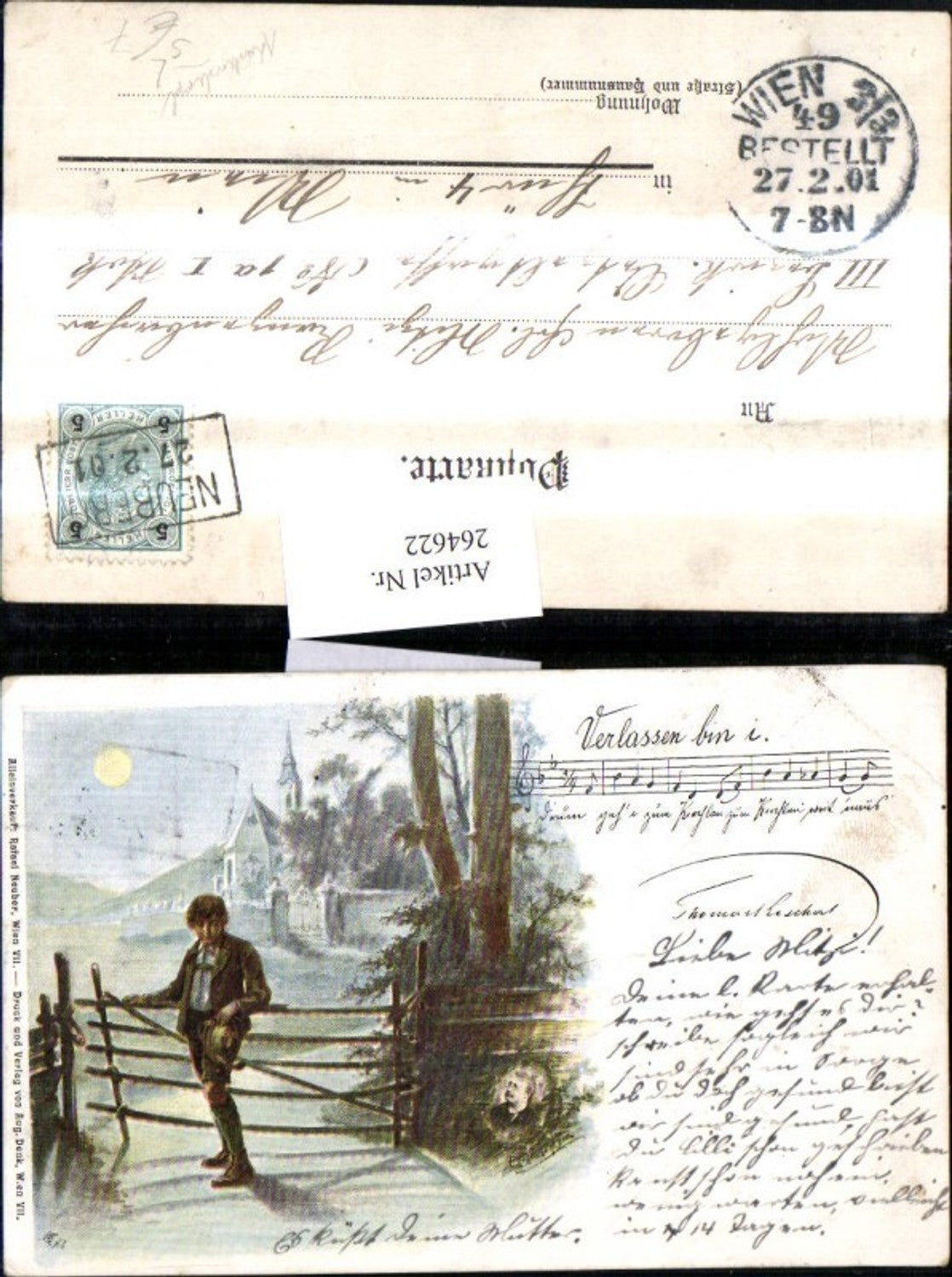 264622,Künstler Litho E. Döcker jun. Bub Junge Zaun Mond Kirche Kastenstempel Neuberg