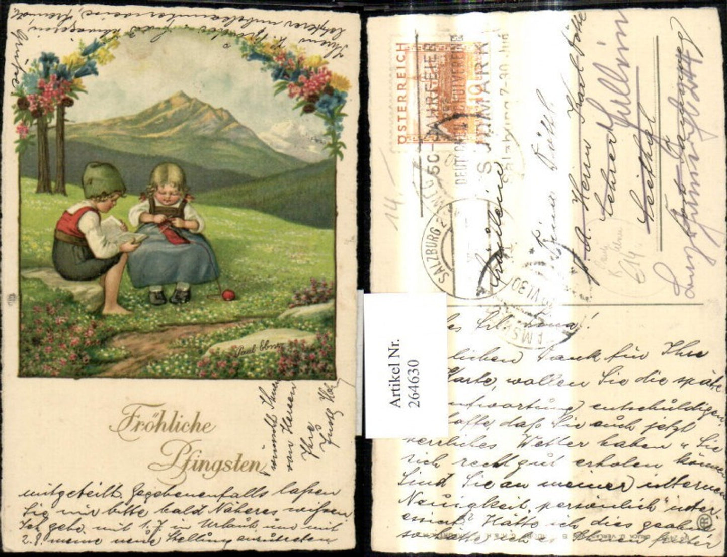 264630,Künstler Ak Pauli Ebner Bub Junge liest Buch Mädchen strickt Lesen Stricken Bergkulisse