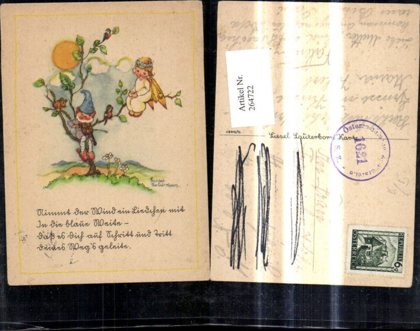 264722,Künstler Ak Liesel Lauterborn Zwerg spielt Geige Engel sitzt a. Ast Sonne Spruch