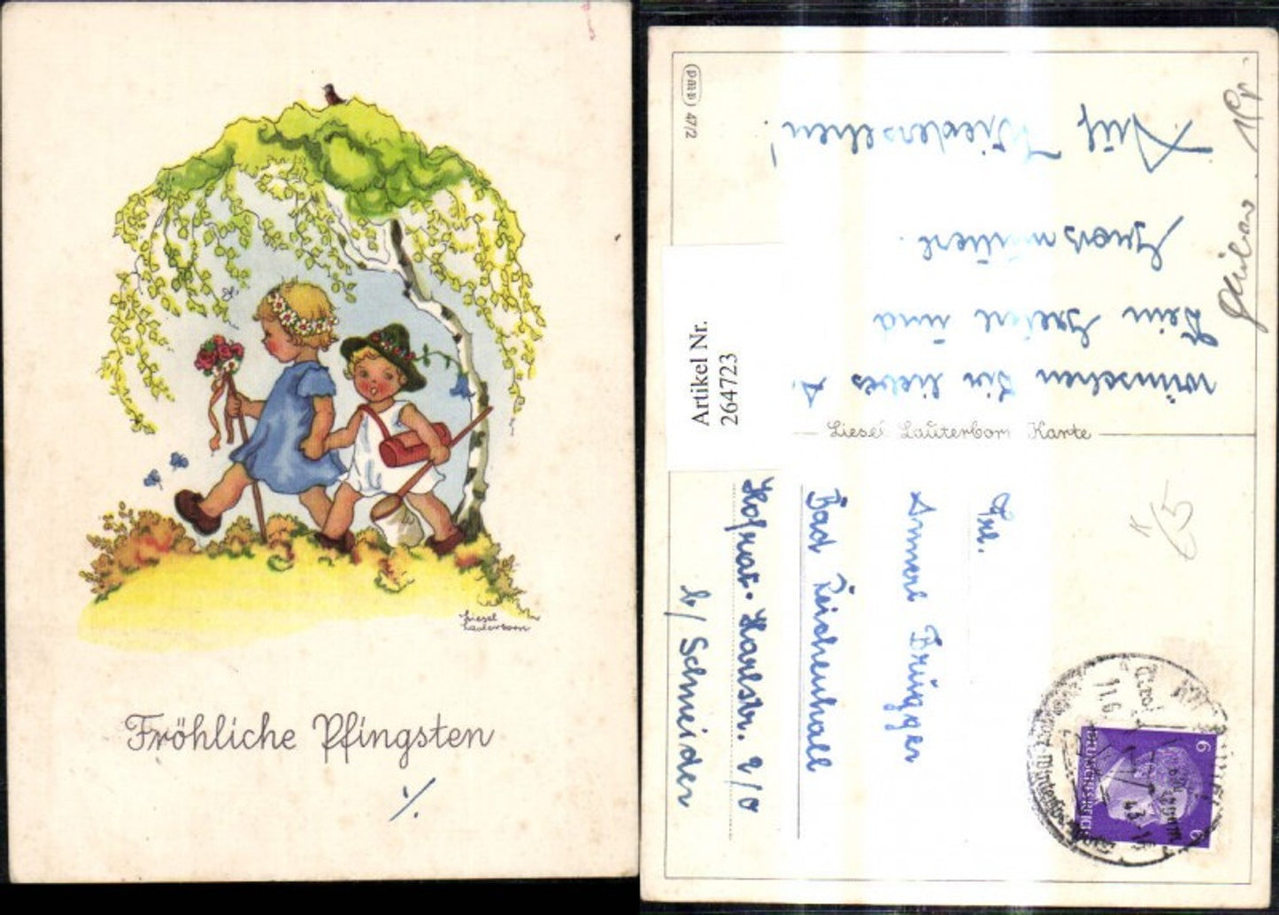 264723,Künstler Ak Liesel Lauterborn Kinder spazieren m. Wanderstock Schmetterlingsnetz Birke Baum Pfingsten