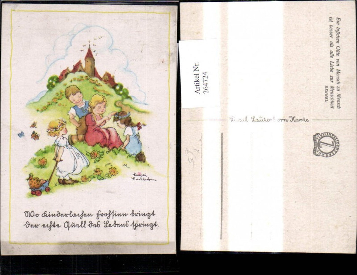 264724,Künstler Ak Liesel Lauterborn Kinder a. Wiese v. Burg Stadt Blumenkranz i. Haar Leiterwagen Schmetterling