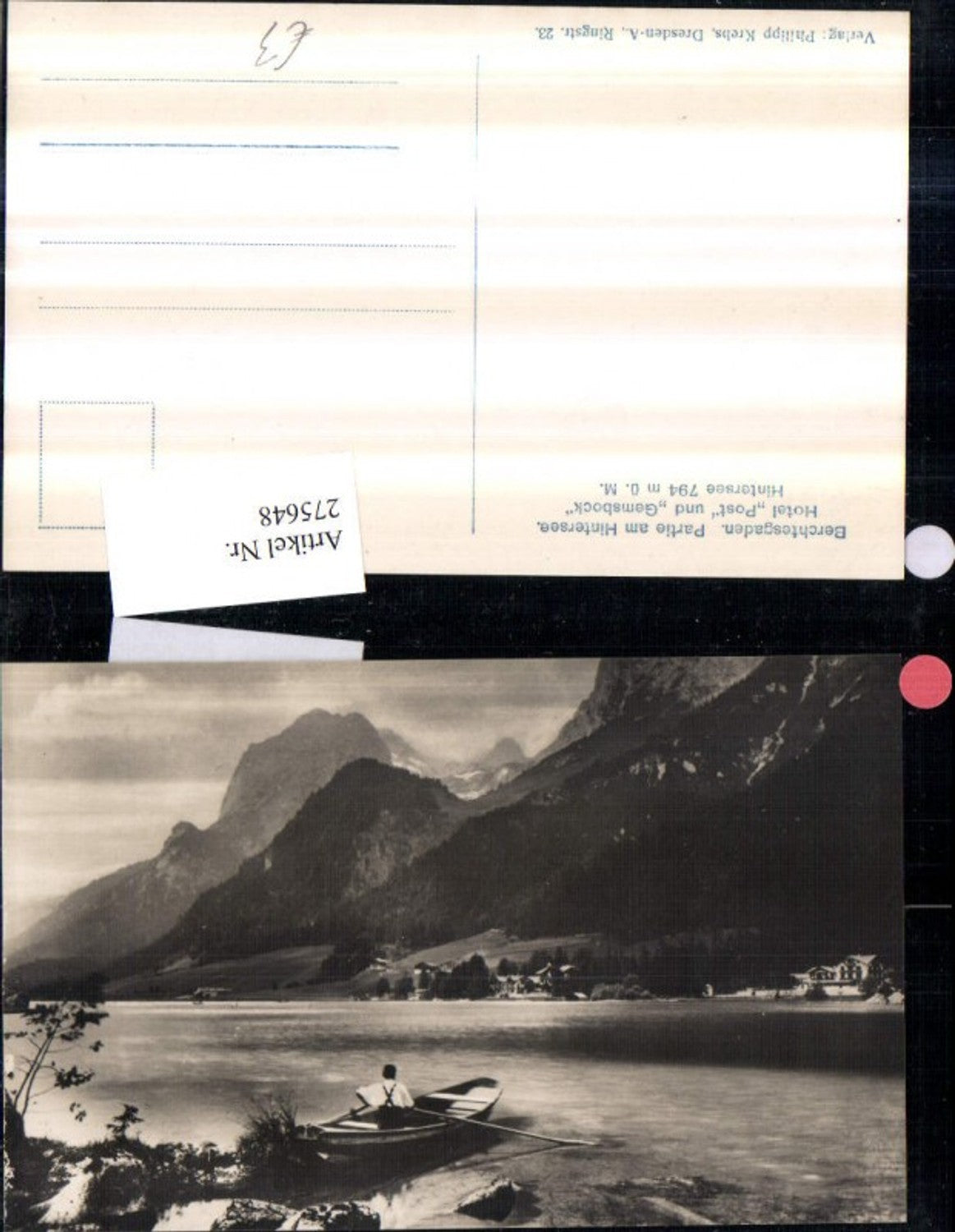 275648,Berchtesgaden Partie am Hintersee Hotel Post u. Gemsbock Bergkulisse Ruderboot