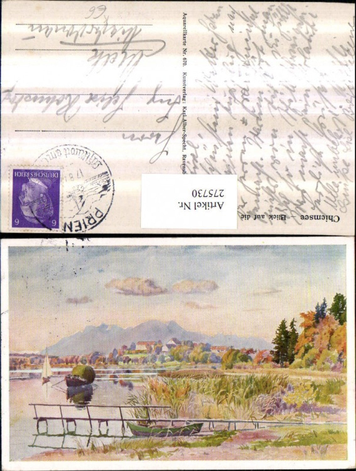 275730,Künstler AK Chiemsee Blick auf die Herreninsel