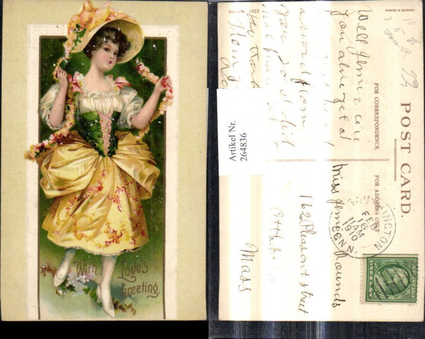 264836,Präge Litho Kind Mädchen i. Kleid Hut Blumenranke