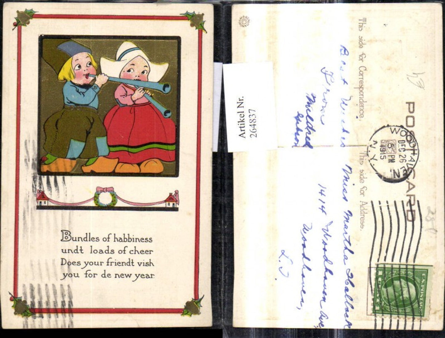 264837,Präge Ak Kinder Holländischer Typ Tröte Passepartout Text Spruch Glocken