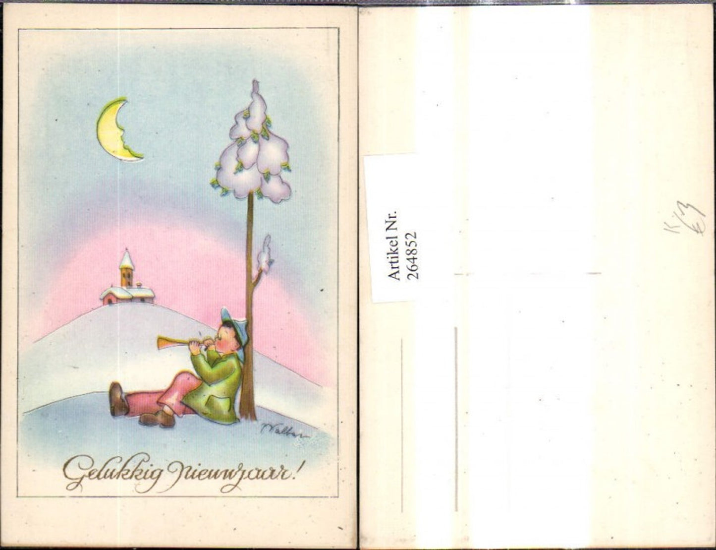 264852,Künstler Ak Walbar Kind Bub Junge m. Tröte b. Baum Winterlandschaft Mond Neujahr