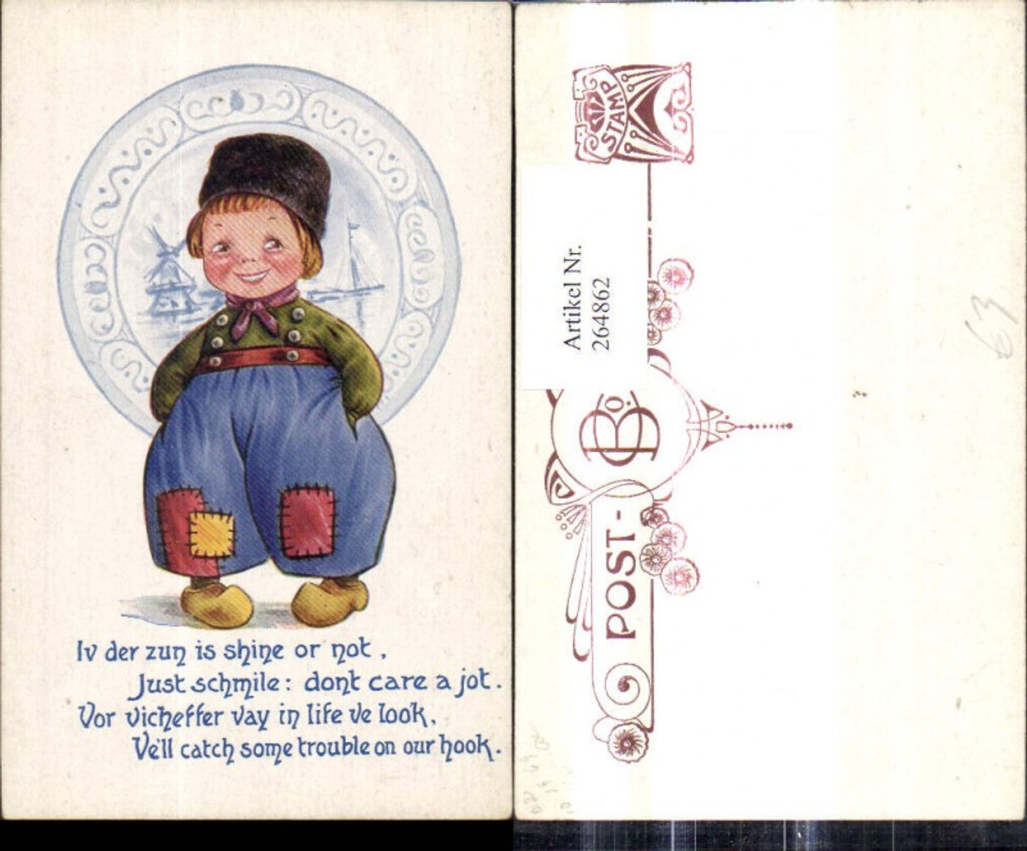 264862,Künstler Ak Kind Bub Junge Holländischer Typ Teller m. Schiff Windmühle Spruch Text