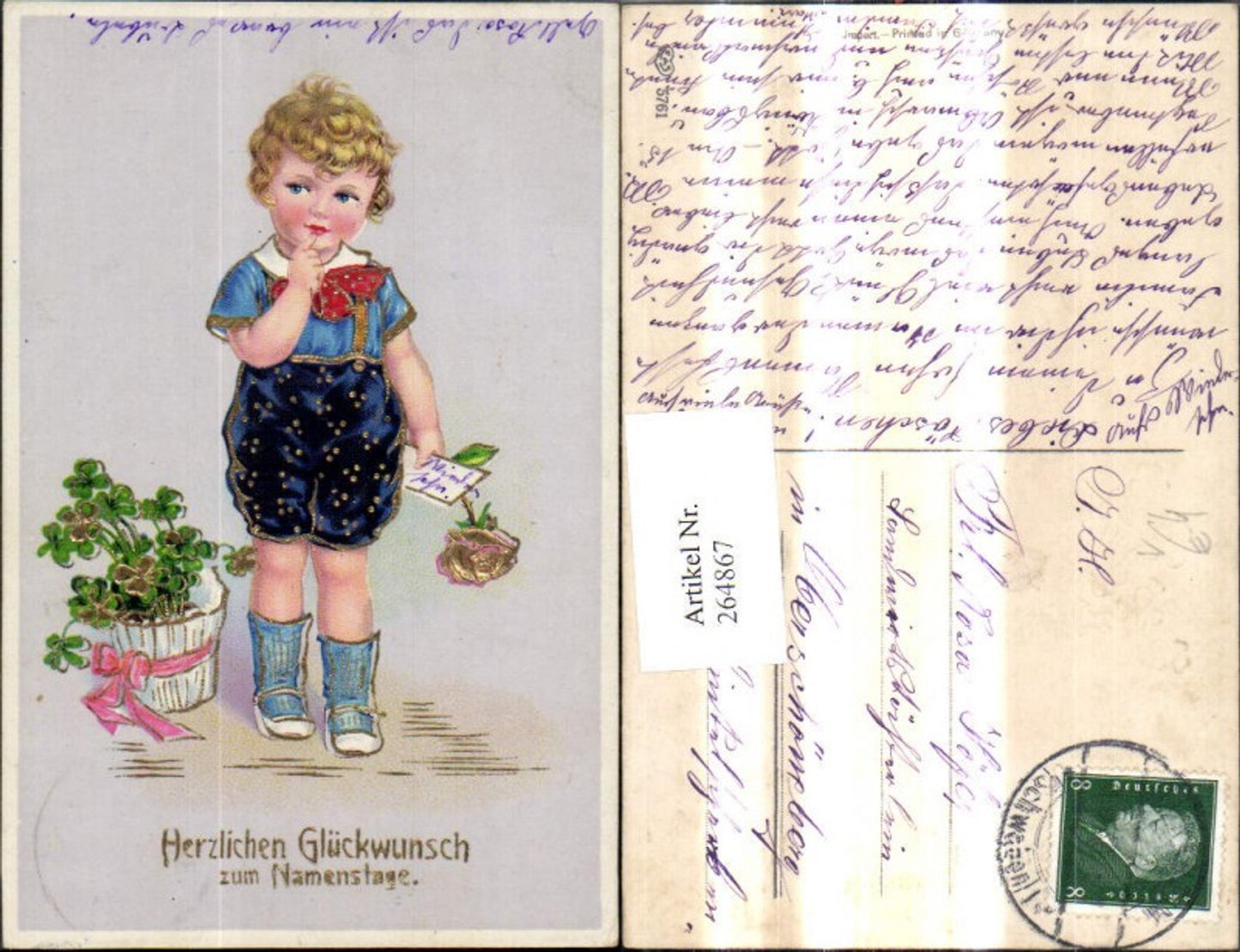 264867, Artist Ak Child Boy with Letter Rose Clover Pot Clover Name Day Gold Ornament pub EAS 5761