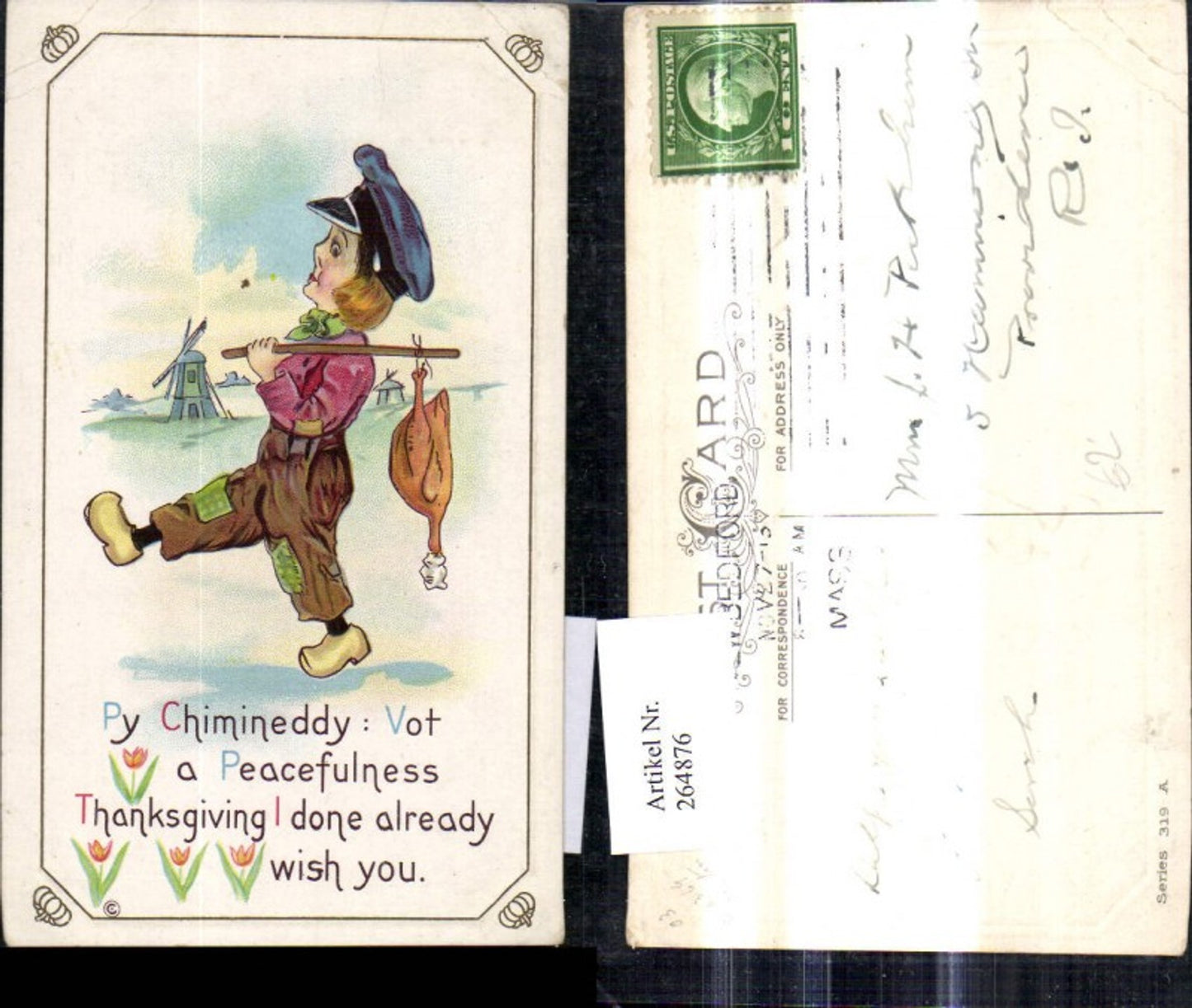 264876,Präge Ak Kind Bub Junge Holländischer Typ Brathuhn a. Stock Windmühle Spruch Text Tulpen