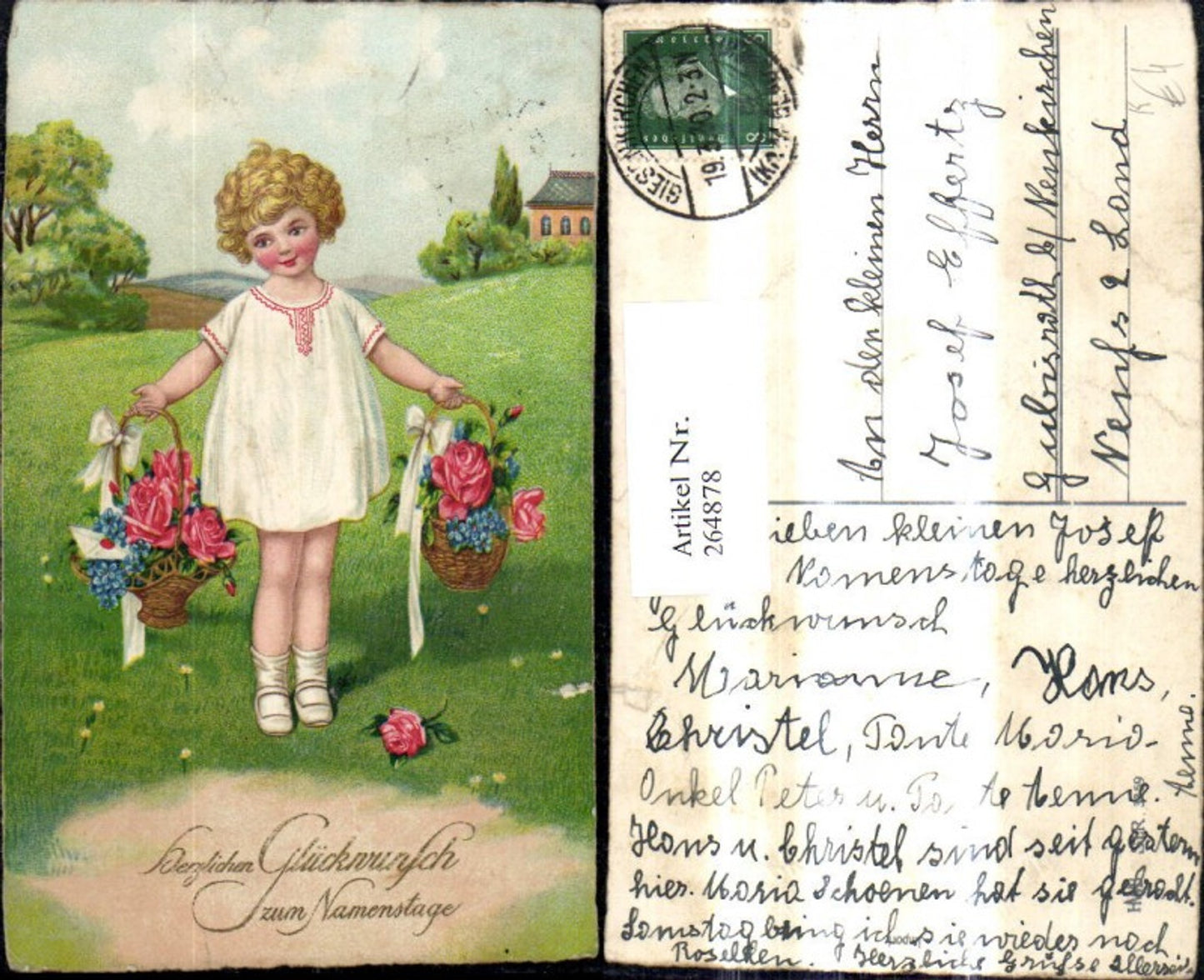 264878,Künstler Ak Kind Mädchen i. Kleid a. Wiese Blumenkorb Rosen Vergissmeinnicht Namenstag