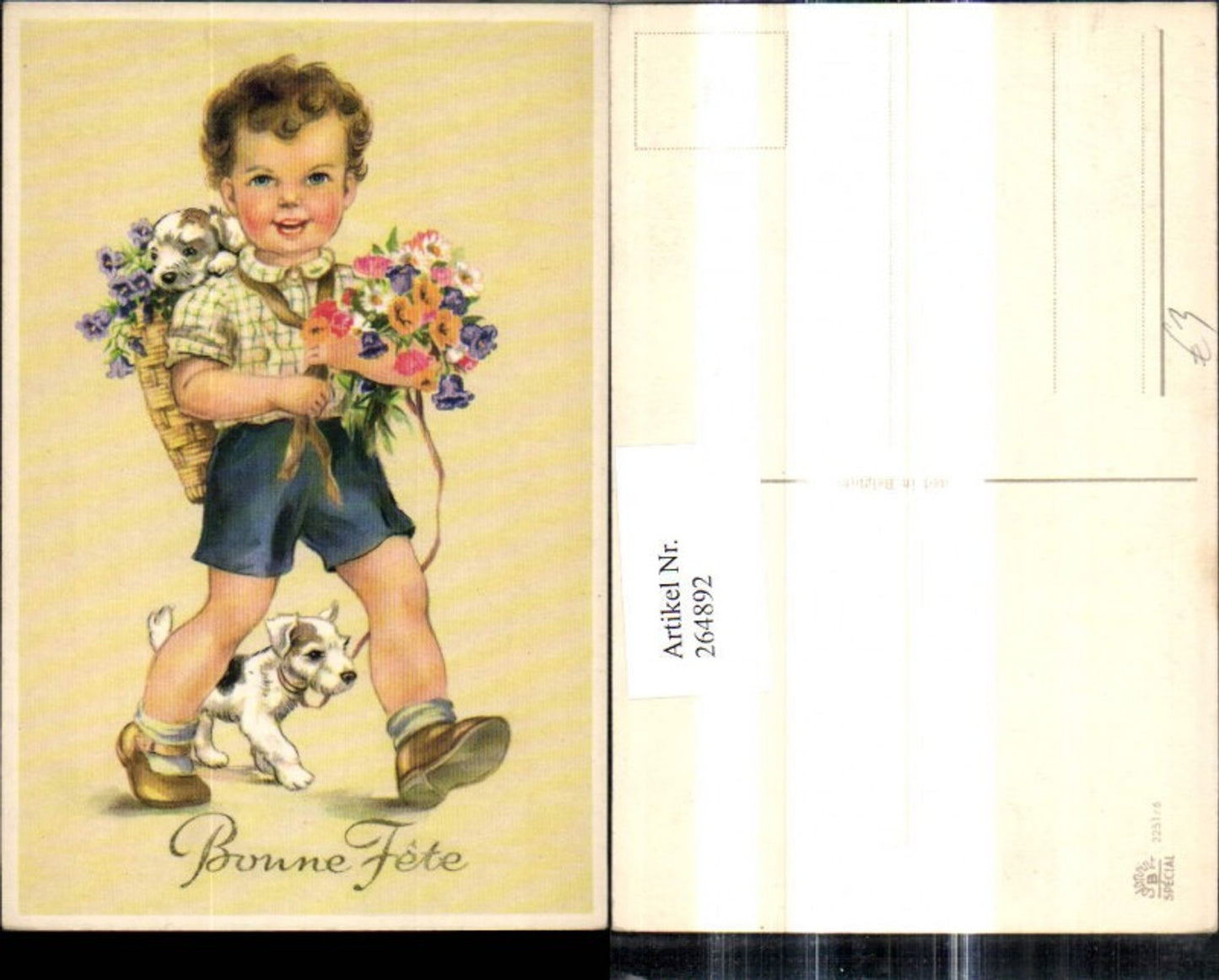 264892,Künstler Ak Kind Bub Junge m. Hunden Hund Rückenkorb Blumenstrauß Blumen Bonne fete