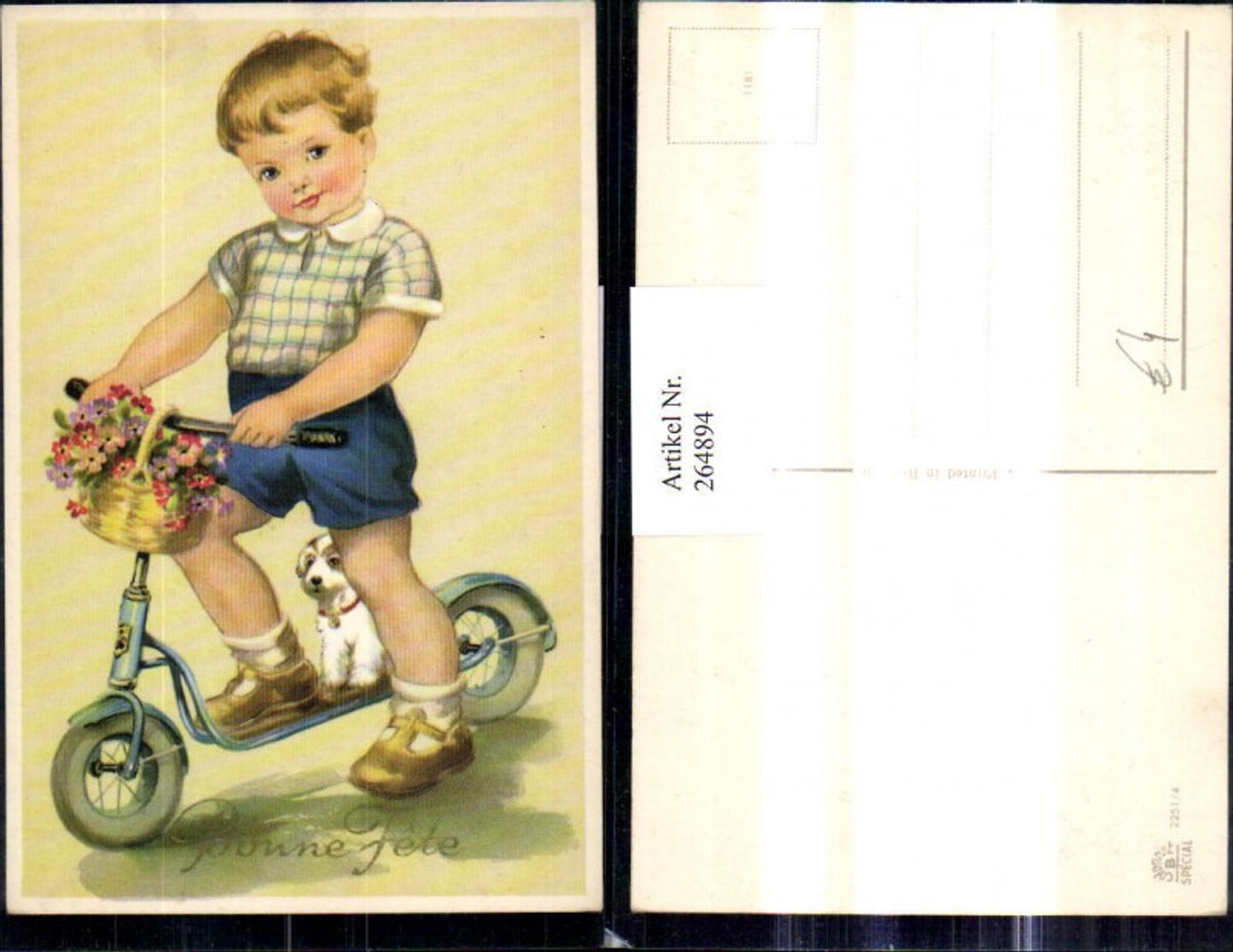 264894,Künstler Ak Kind Bub Junge a. Trettroller Hund Korb m. Blumen Bonne fete