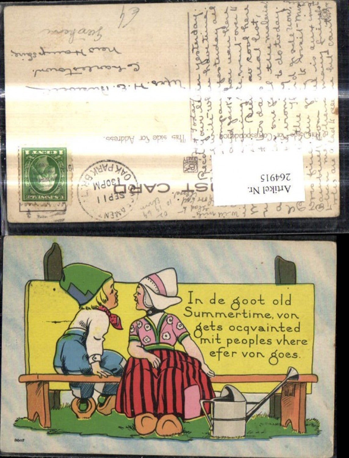 264915,Künstler Ak Kinder Holländischer Typ a. Bank Gießkanne Spruch Text
