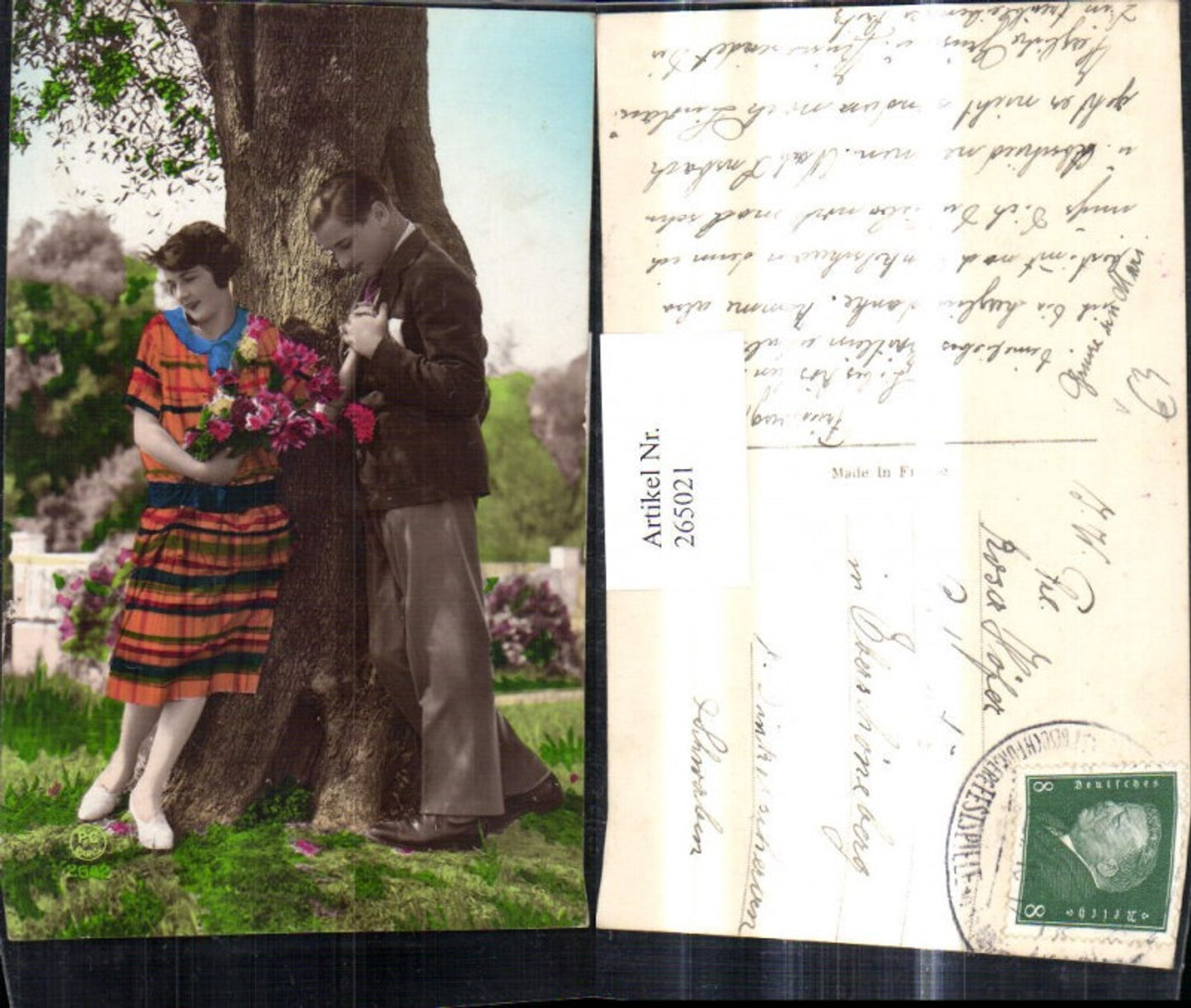 265021,Liebe Liebespaar Paar Handkuss b. Baum Blumen Strauß pub P. C. Paris 2642
