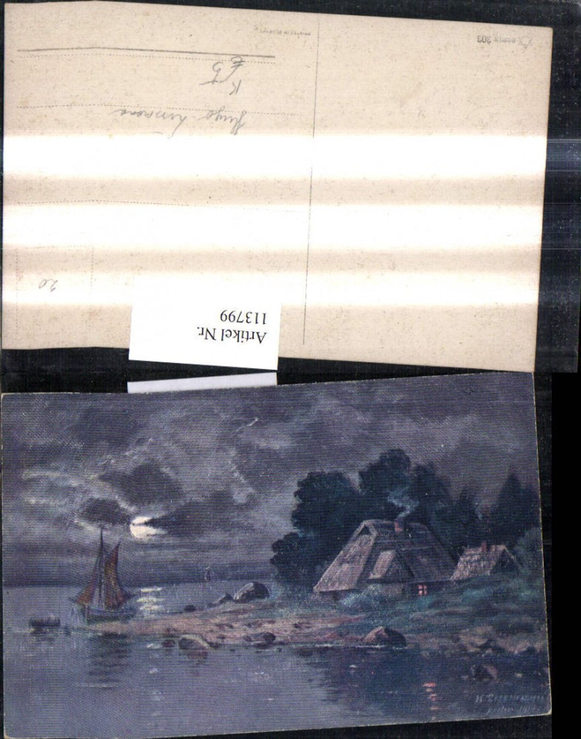 113799,Künstler Ak Hugo Lissmann Haus a. See Segelboot b. Mondschein