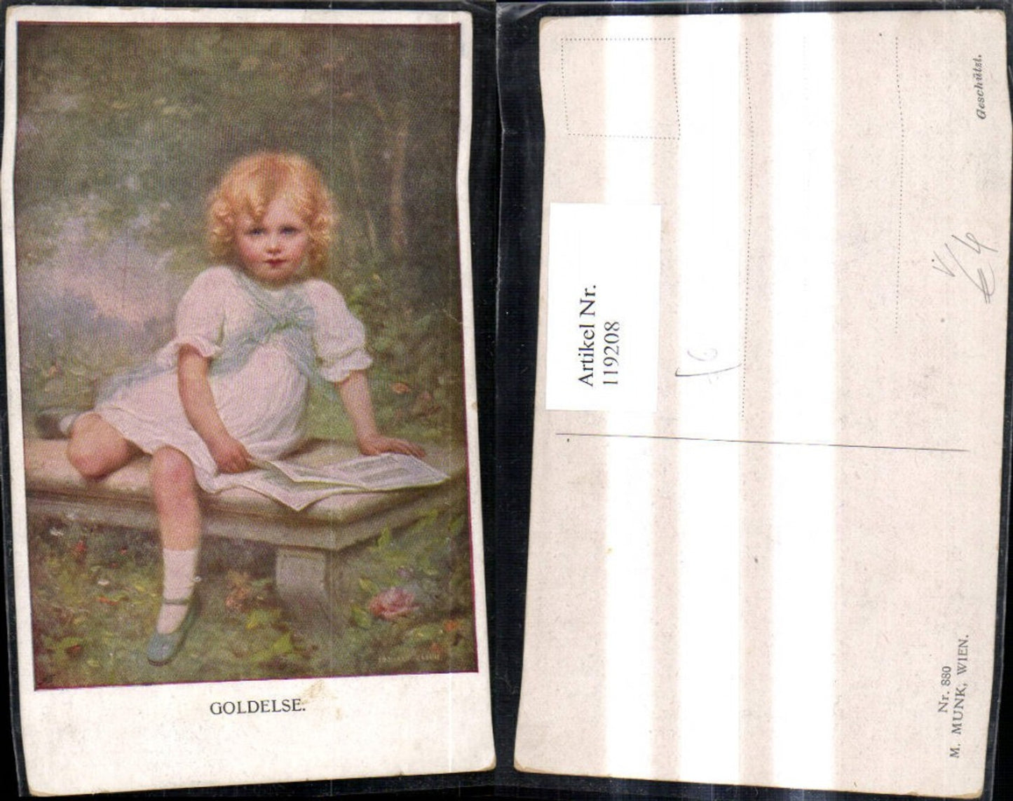 119208,M. Munk Vienne 880 Eduard Cabane Goldelse Mädchen m. Buch a. Steinbank