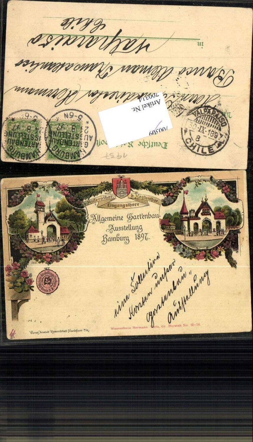 Lithographie Hamburg Allgemeine Gartenbau Ausstellung 1897 Valparaiso Chile pub