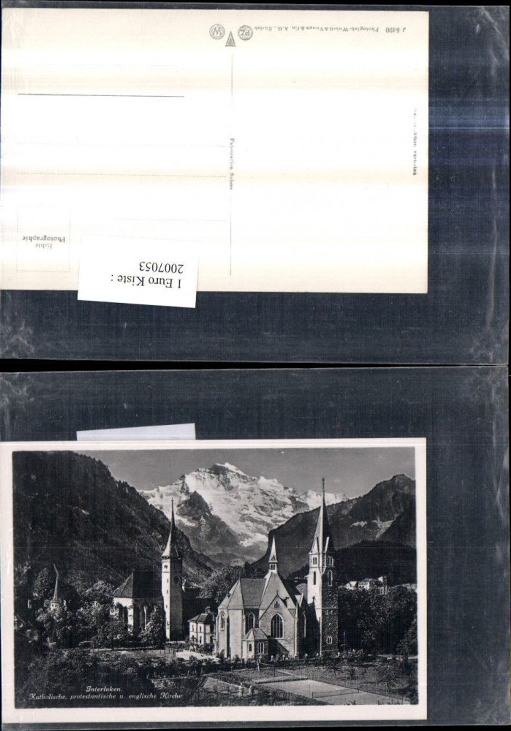 2007053,Interlaken Katholische protestantische u. Englische Kirche Bergkulisse Kt Bern