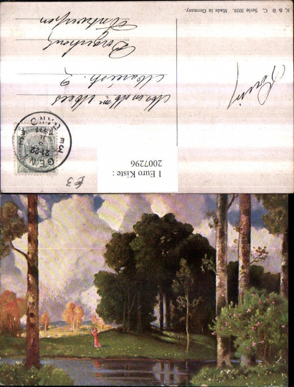 2007296,Künstler AK Landschaft Bäume Mädchen m. Harfe