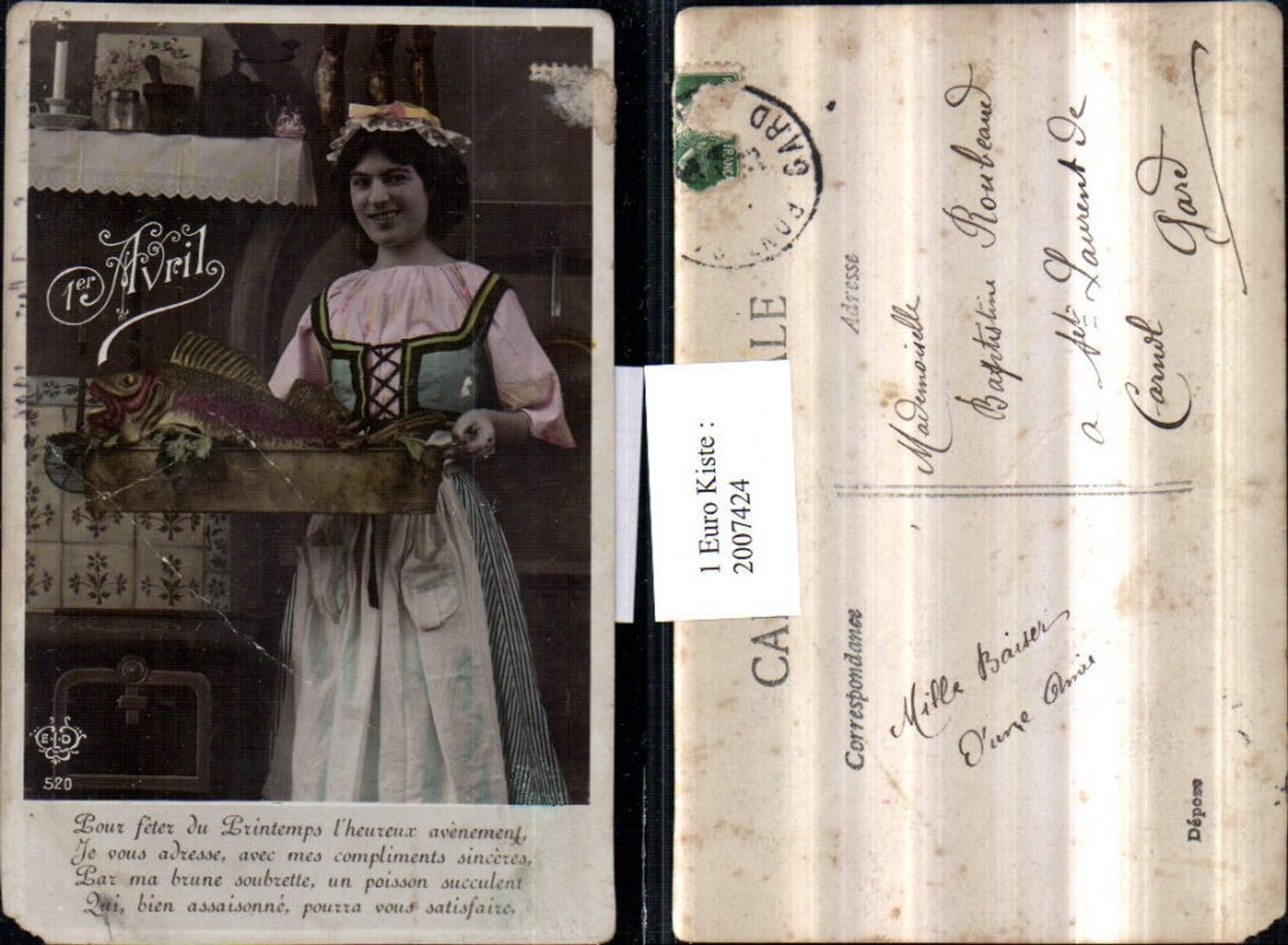 2007424,1. April Frau in Tracht Küche Fisch Spruch Text