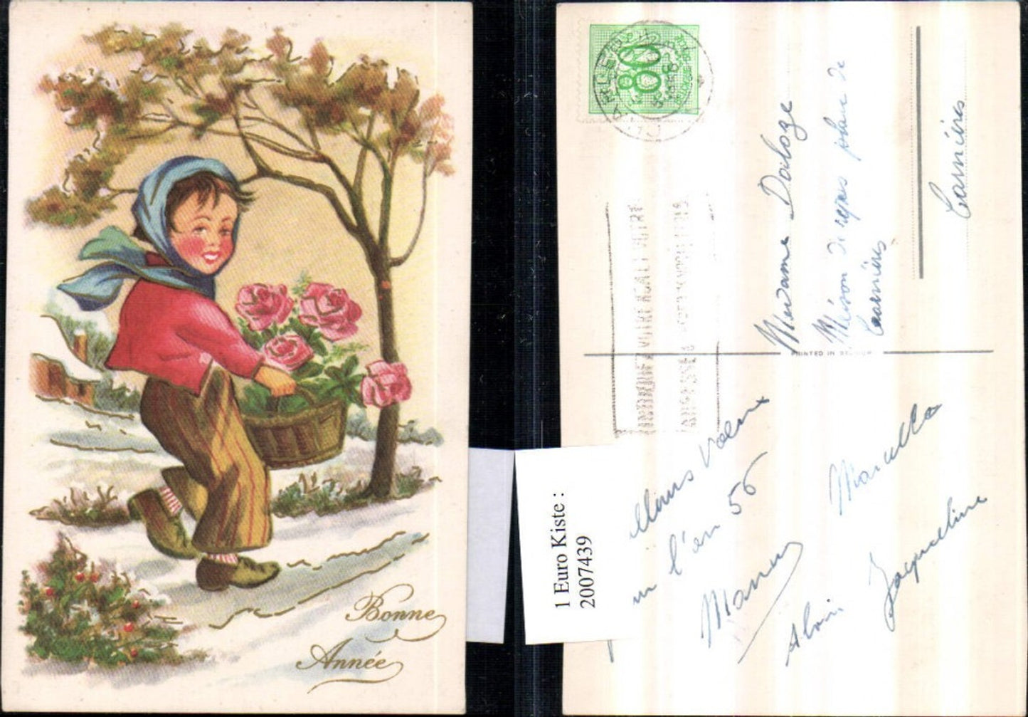 2007439,Künstler AK Bonne Annee Neujahr Junge Bub m. Korb Rosen Winterlandschaft