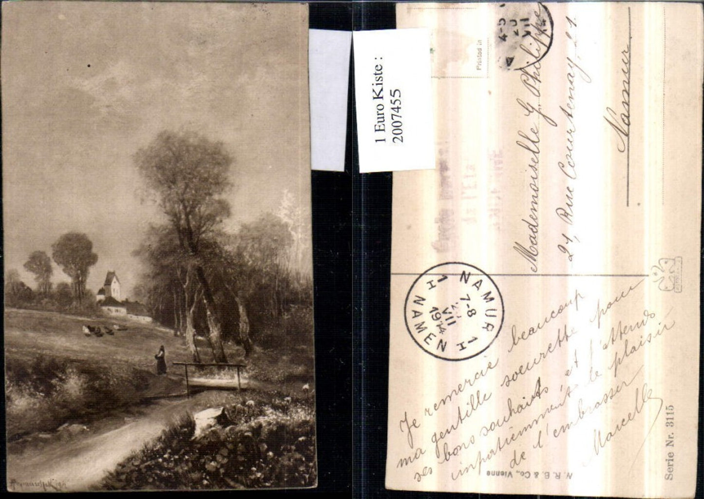 2007455,Künstler AK Landschaft Bach Brücke Dorf Hühner